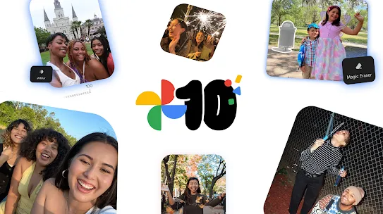 The number "10" with the Google Photos logo surrounded by editing features like Photo Unblur and Magic Eraser